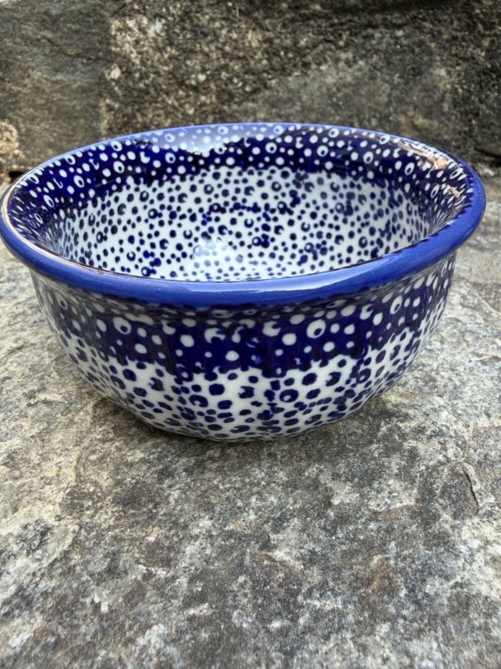 Manufaktura Polish Pottery Blue White Dotted Bowl Sea Foam Pattern 4.5" M082